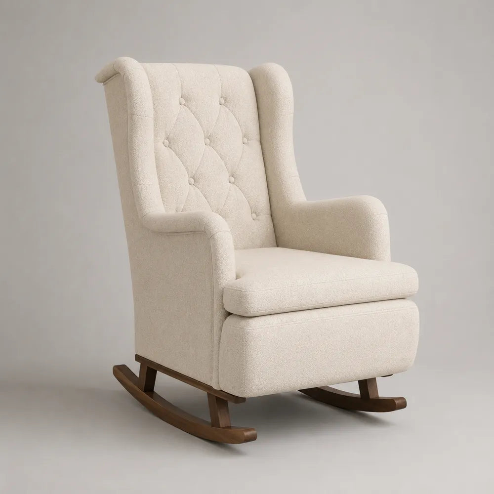 Sedia a dondolo imbottita con braccioli in tessuto beige e base oscillante in legno massello 75x90x105 cm