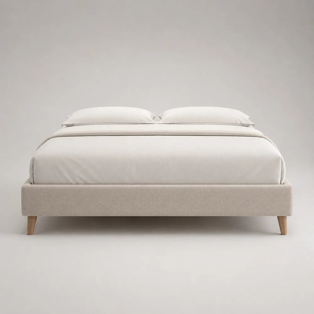 Letto matrimoniale imbottito rettangolare in tessuto beige con piedi in legno naturale 160 x 200 cm