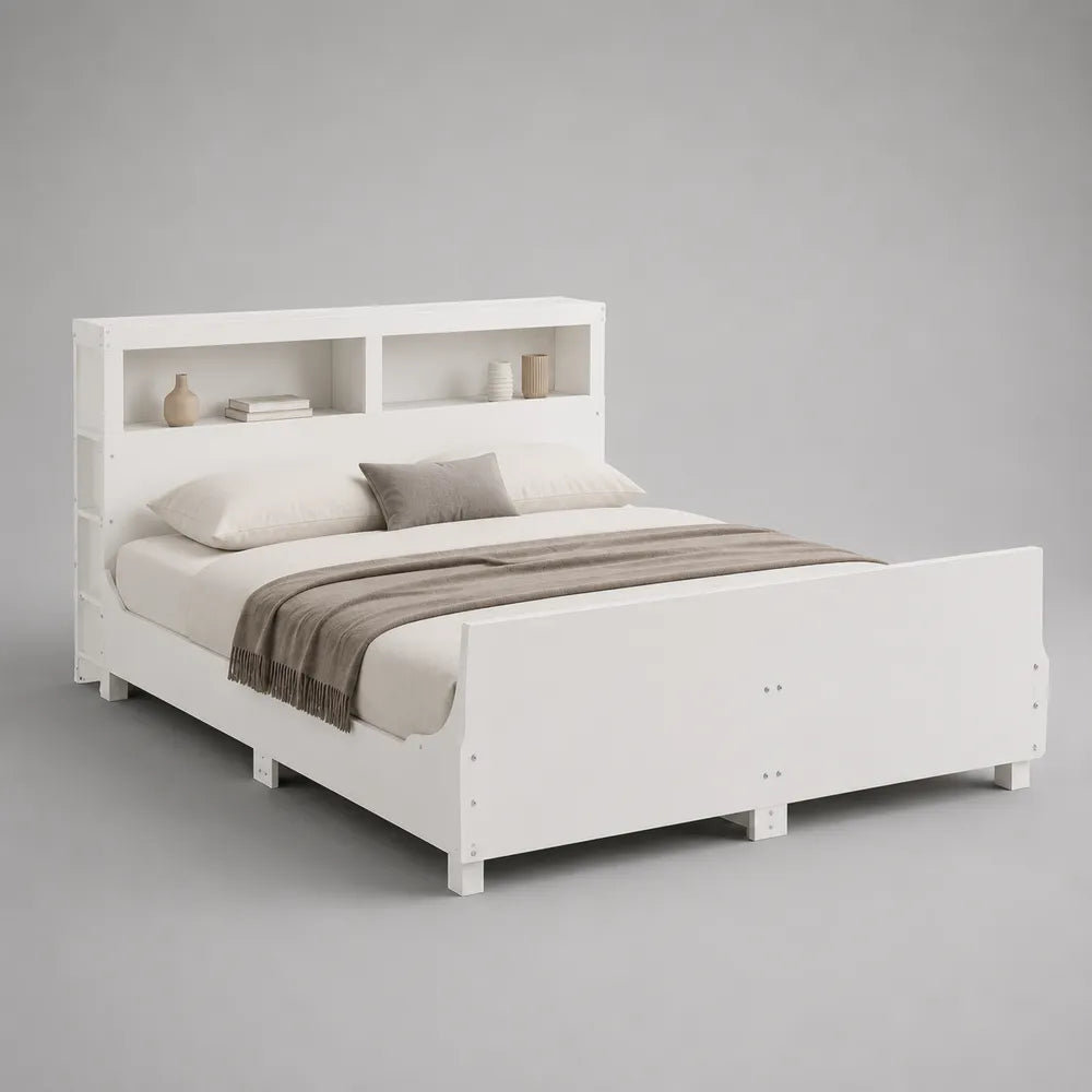 Letto matrimoniale con testiera libreria in MDF bianco con vani aperti 160 x 200 cm