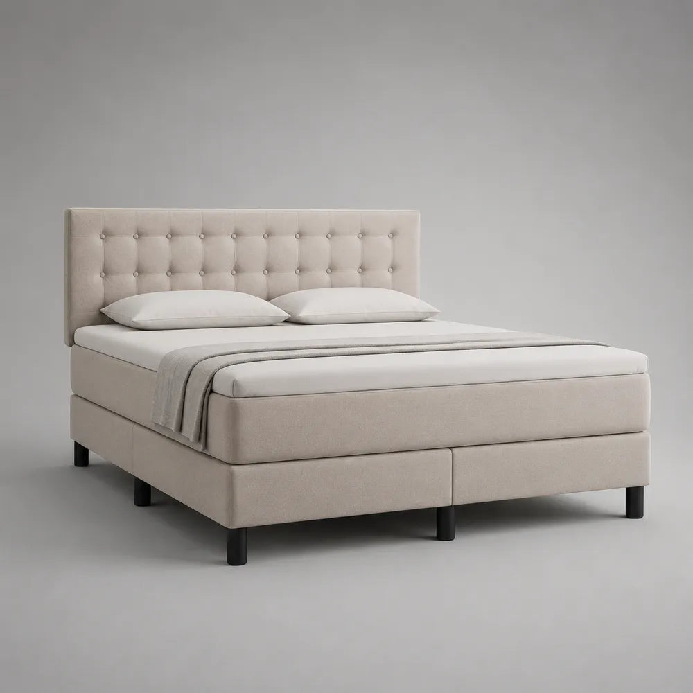 Letto matrimoniale imbottito in tessuto beige con testiera capitonné e gambe nere 160 x 200 cm