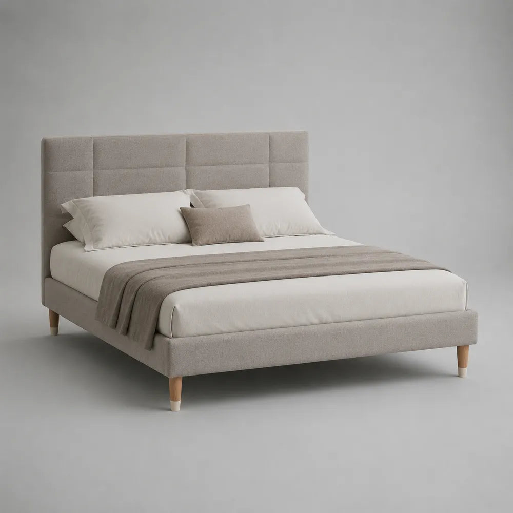 Letto matrimoniale imbottito in tessuto beige con testiera e struttura letto 160 x 200 cm