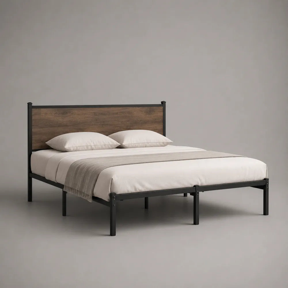 Letto matrimoniale con struttura in metallo e testiera MDF effetto legno nero e marrone 160 x 200 cm
