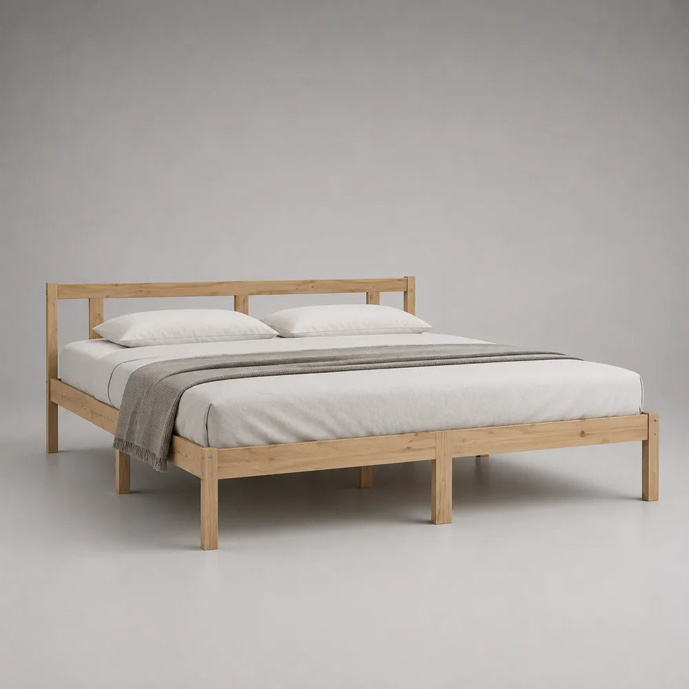 Letto matrimoniale 160 x 200 cm in legno massello naturale con testiera a doghe struttura rettangolare
