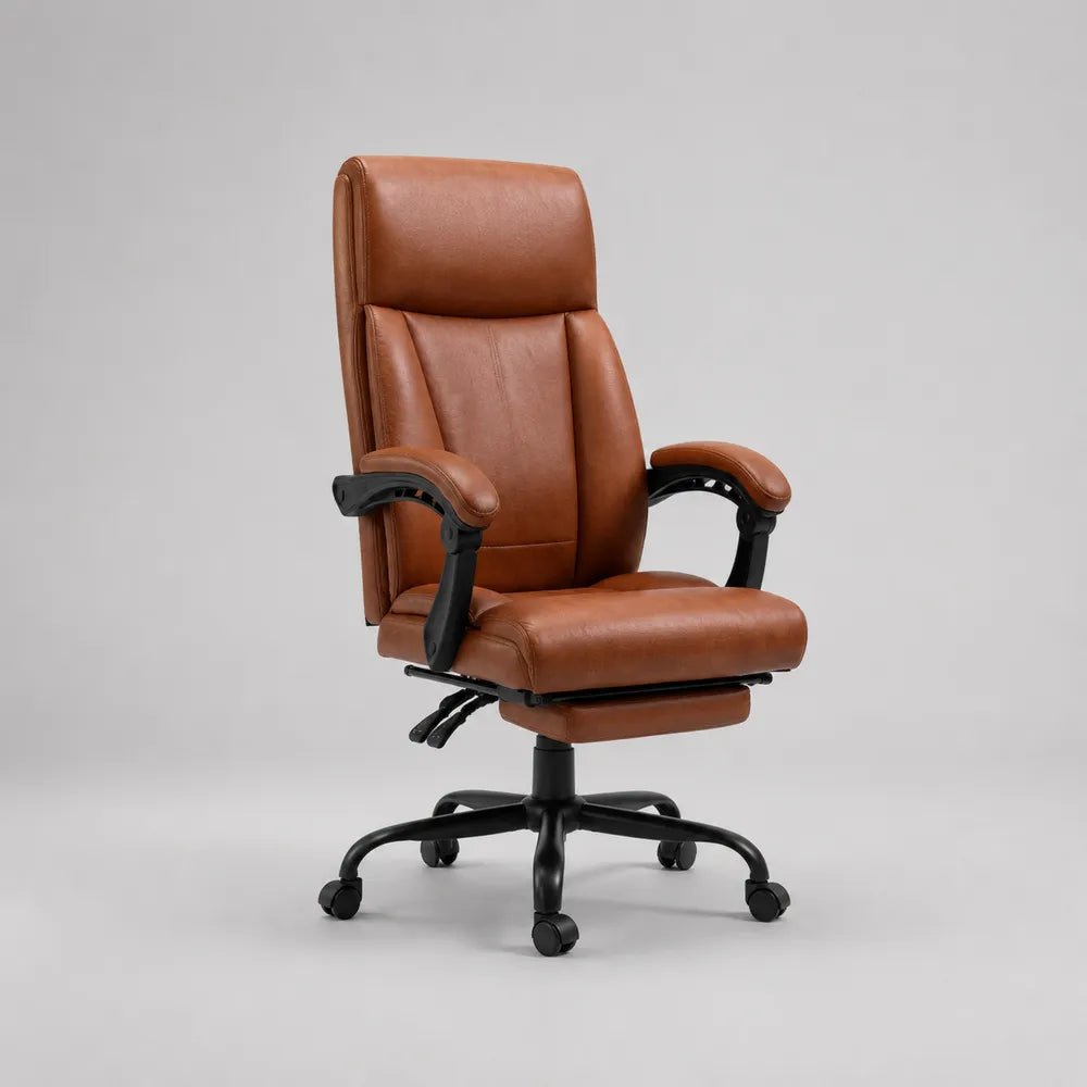 Sedia da ufficio direzionale 70x70x115 cm in PU marrone con braccioli e base a ruote nera