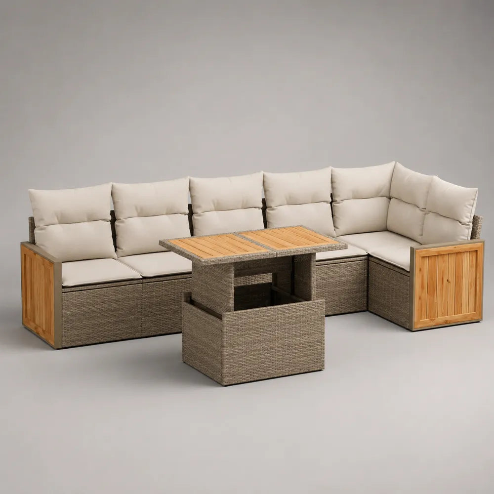 Set divano angolare da giardino con tavolo in rattan sintetico grigio e legno massello cuscini beige 250x250x70 cm