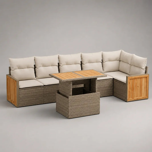Set divano angolare da giardino con tavolo in rattan sintetico grigio e legno massello cuscini beige 250x250x70 cm