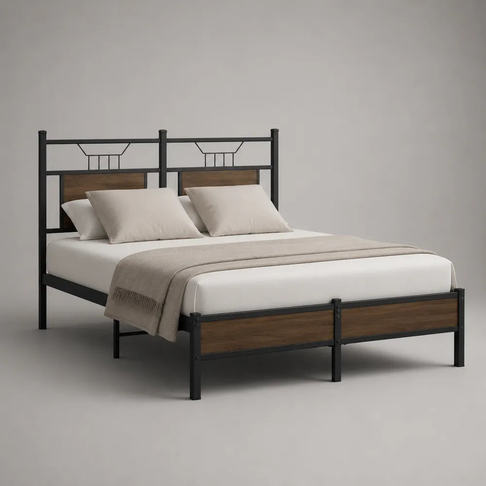 Letto matrimoniale 160 x 200 cm in metallo nero con testiera e pediera MDF effetto legno marrone