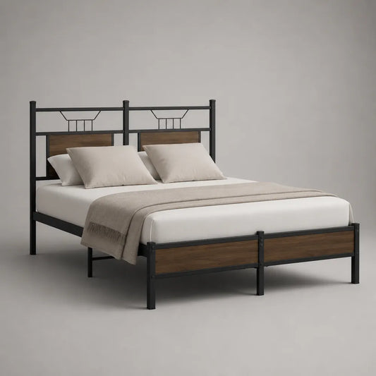 Letto matrimoniale 160 x 200 cm in metallo nero con testiera e pediera MDF effetto legno marrone