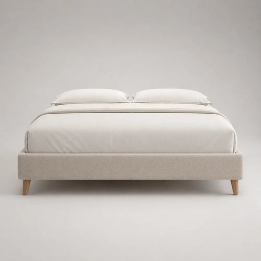 Letto matrimoniale imbottito rettangolare in tessuto beige con piedi in legno naturale 160 x 200 cm