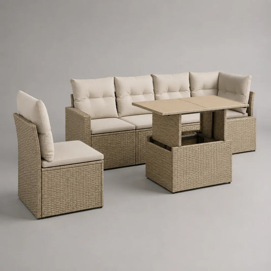 Set divano da giardino angolare 6 posti in rattan sintetico beige con tavolino regolabile effetto legno 280x210x70 cm
