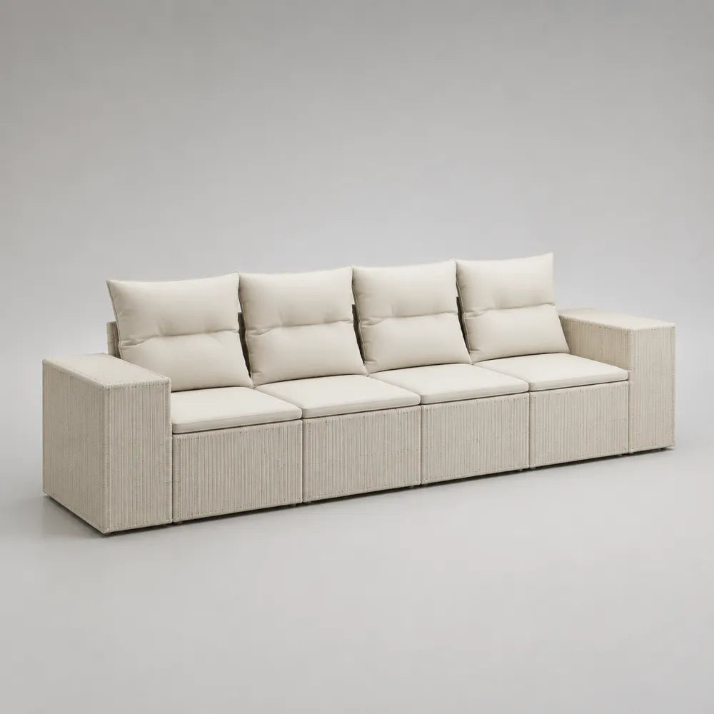 Divano da giardino modulare 5 posti in rattan sintetico PE intrecciato beige con cuscini imbottiti 280x80x65 cm