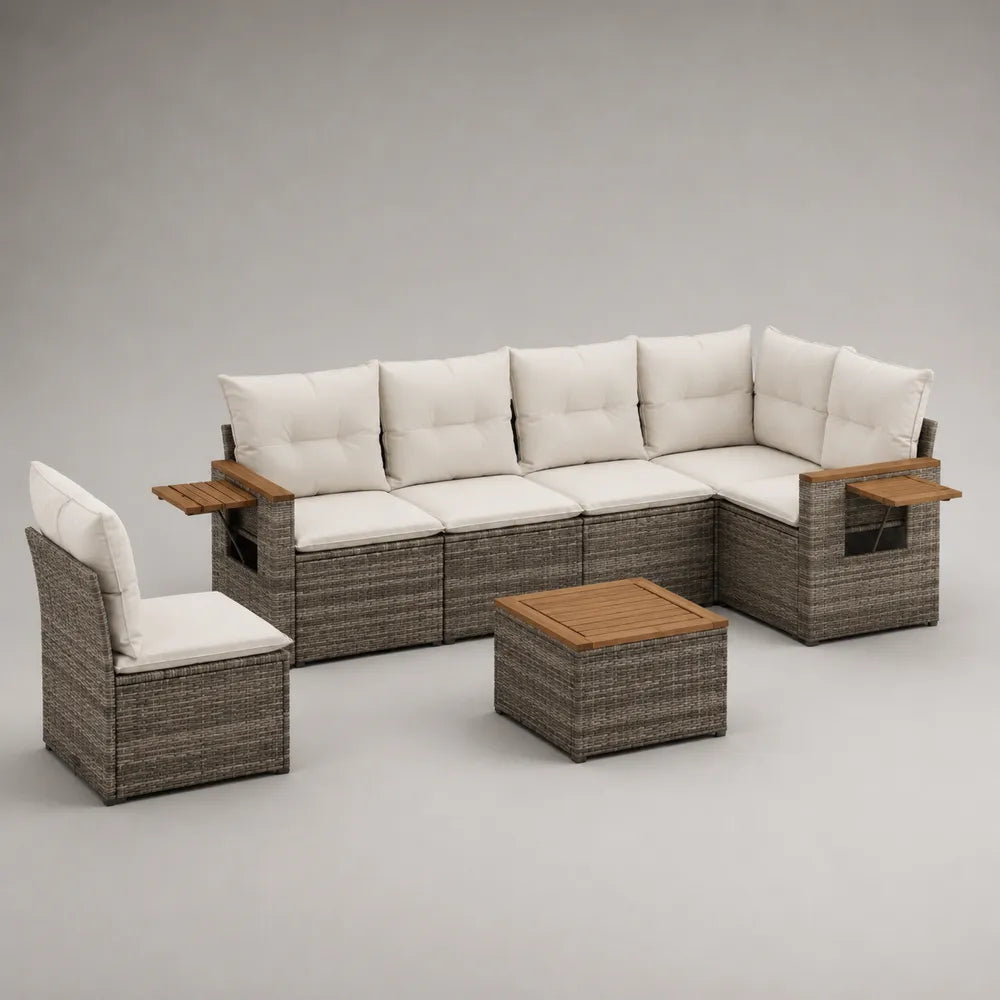 Set divano da giardino modulare angolare 8 posti in rattan sintetico grigio con cuscini beige 280 x 210 x 70 cm