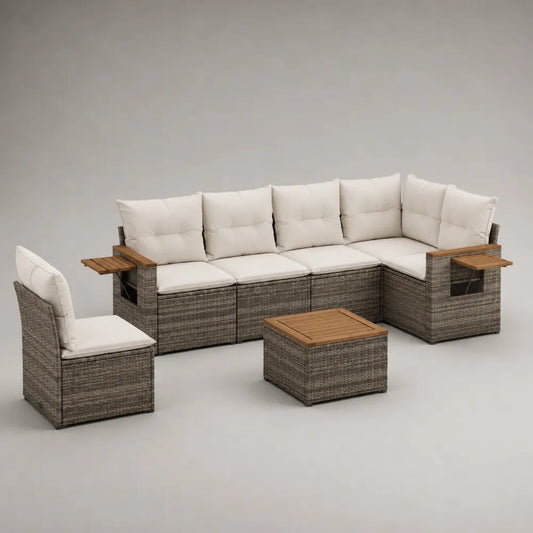 Set divano da giardino modulare angolare 8 posti in rattan sintetico grigio con cuscini beige 280 x 210 x 70 cm