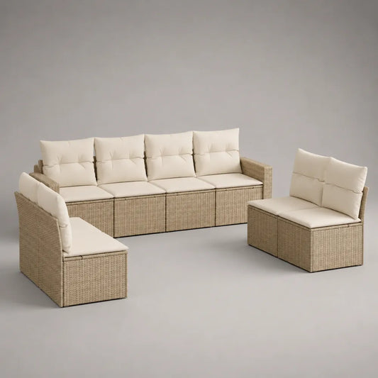 Set divano da giardino modulare 8 posti in rattan sintetico beige con cuscini imbottiti 300x220x70 cm