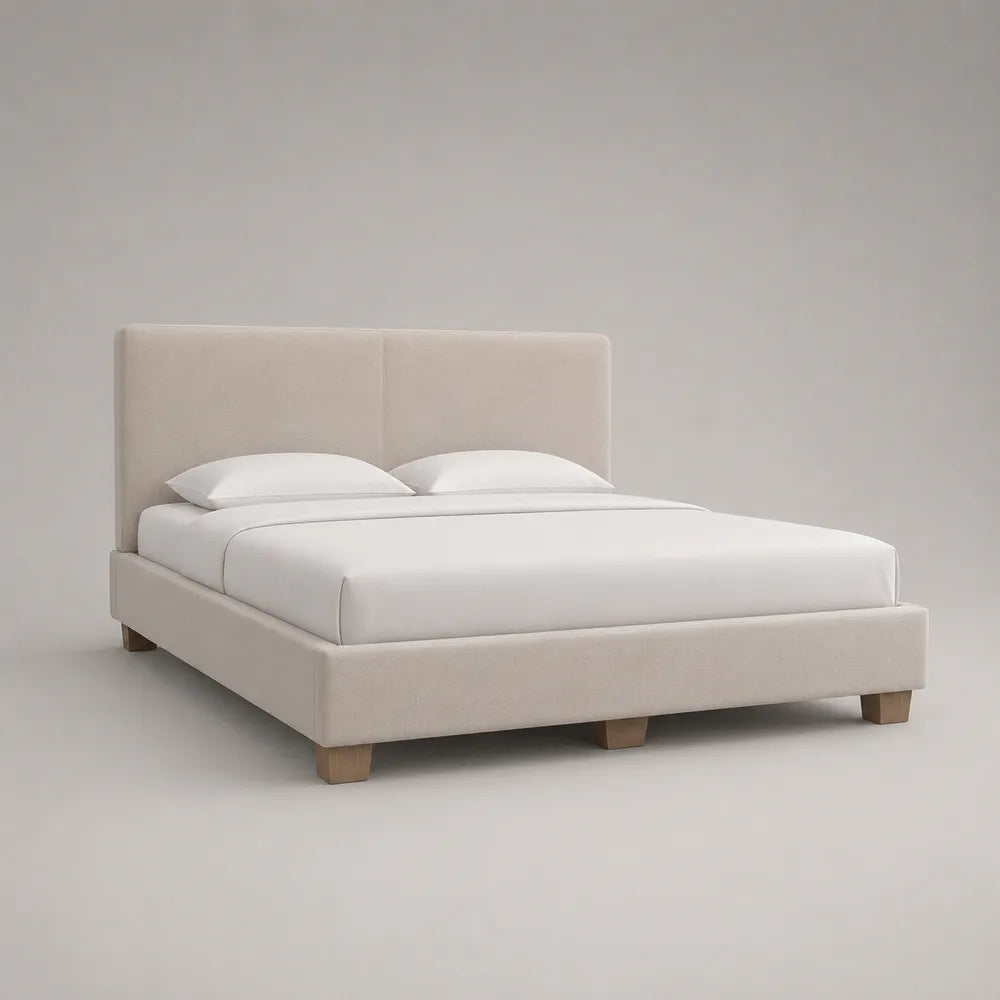 Letto matrimoniale imbottito in tessuto beige con testiera rettangolare e gambe in legno 160 x 200 cm