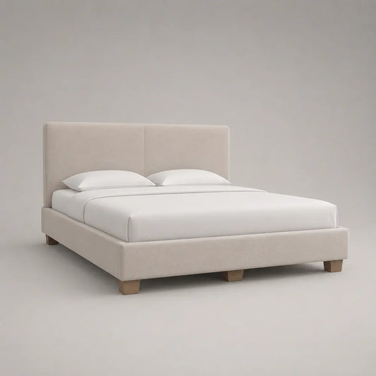 Letto matrimoniale imbottito in tessuto beige con testiera rettangolare e gambe in legno 160 x 200 cm