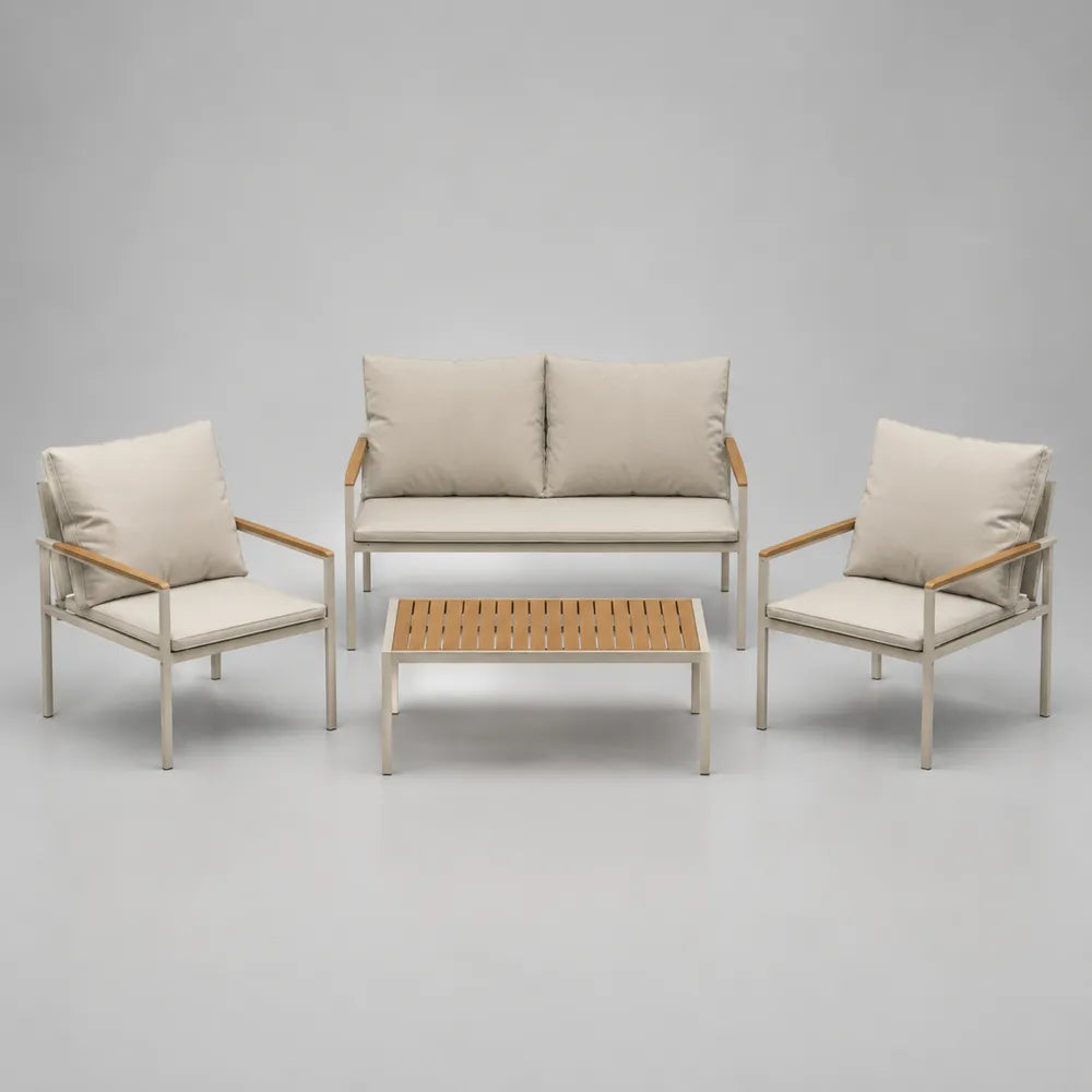 Set divano da giardino 4 posti in alluminio con cuscini beige e tavolino con piano effetto legno 210 x 75 x 70 cm