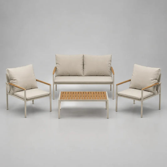 Set divano da giardino 4 posti in alluminio con cuscini beige e tavolino con piano effetto legno 210 x 75 x 70 cm