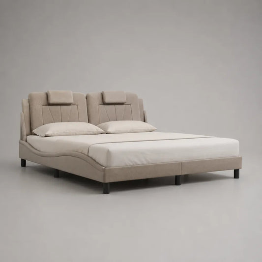 Letto matrimoniale imbottito in tessuto beige con testiera doppia regolabile e struttura rettangolare 160 x 200 cm