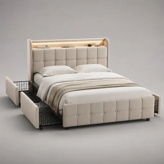 Letto matrimoniale imbottito con contenitore laterale e testiera con luce LED in tessuto beige 160 x 200 cm