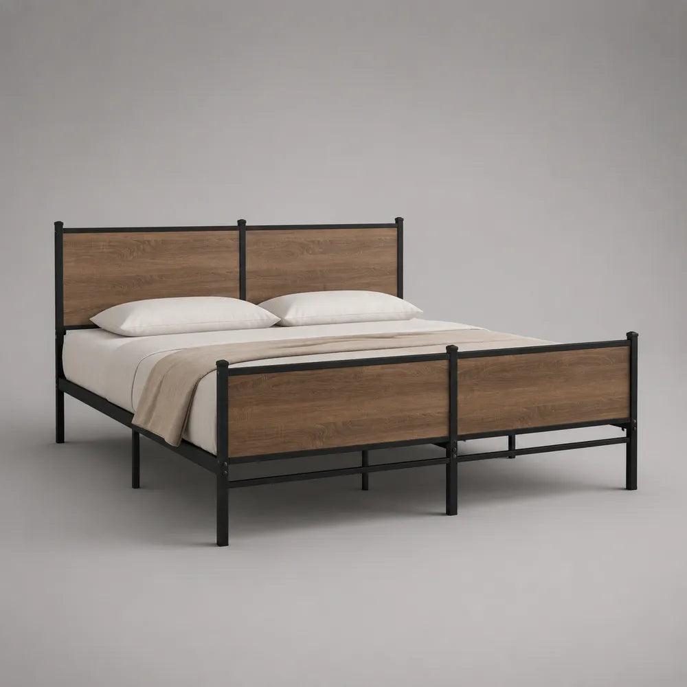 Letto matrimoniale 160 x 200 cm in metallo nero con testiera e pediera MDF effetto rovere marrone