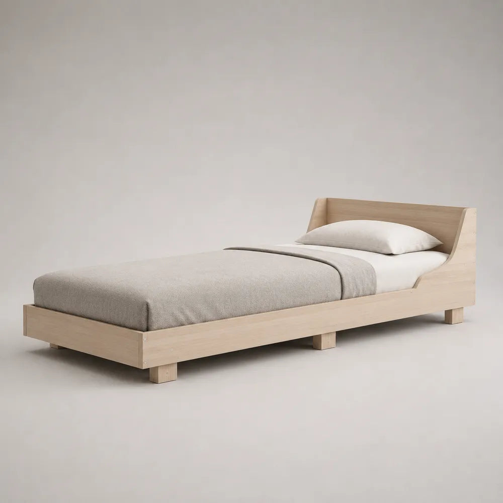Letto singolo in MDF effetto rovere chiaro con testiera inclinata struttura rettangolare 90 x 200 cm