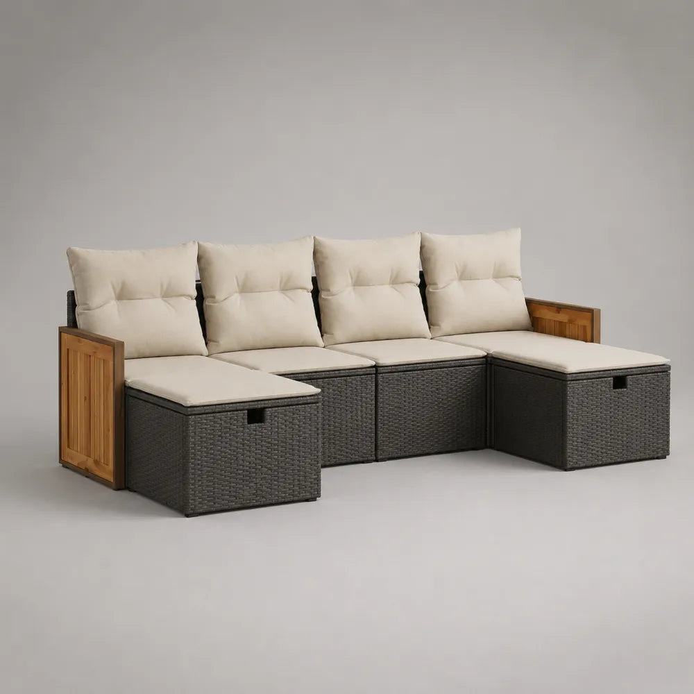 Divano da giardino angolare modulare 8 posti in rattan sintetico nero con cuscini beige e pannelli in legno naturale 300x220x70 cm