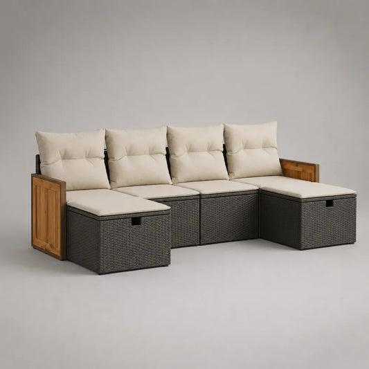 Divano da giardino angolare modulare 8 posti in rattan sintetico nero con cuscini beige e pannelli in legno naturale 300x220x70 cm